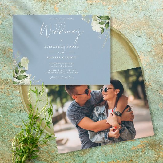 Dusty Blue Botanical Greenery Photo Wedding Kaart
