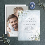 Dusty Blue Botanical Greenery Waterverf Foto Kaart<br><div class="desc">Creëer de perfecte trouwuitnodiging met dit trendy ontwerp met stoffige blauwe botanische grijze elementen, stoffige blauwe waterverf textuur achtergrond, met handgeschreven script typografie. De rug van de uitnodiging kenmerkt uw favoriete foto van het verloving. Hartelijk dank voor uw steun aan ons kleinbedrijf, dat waarderen we echt! We zijn zo blij...</div>