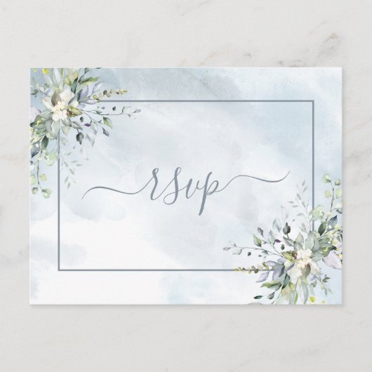 Dusty Blue Botanical Greenery Waterverf RSVP Uitnodiging Briefkaart (Voorkant)