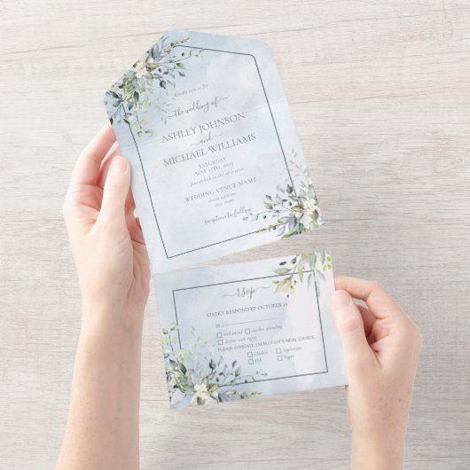 Dusty Blue Botanical Greenery Waterverf Script All In One Uitnodiging (Afscheurbaar)