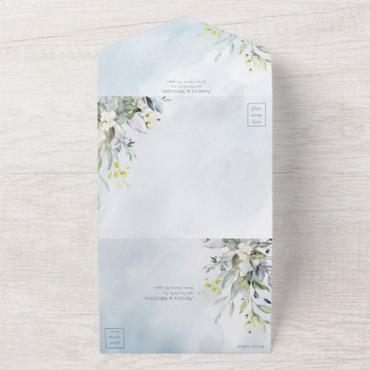 Dusty Blue Botanical Greenery Waterverf Script All In One Uitnodiging (Buitenkant)