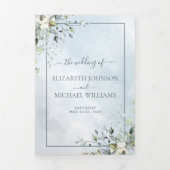 Dusty Blue Botanical Greenery Waterverf Script Drieluik Uitnodiging (Cover)