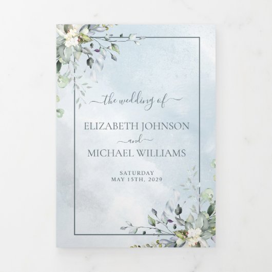 Dusty Blue Botanical Greenery Waterverf Script Drieluik Uitnodiging (Cover)
