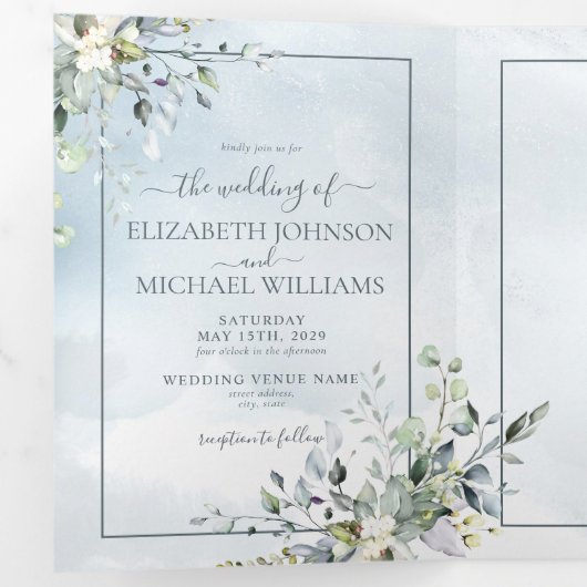 Dusty Blue Botanical Greenery Waterverf Script Drieluik Uitnodiging (Binnenzijde eerst)
