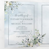 Dusty Blue Botanical Greenery Waterverf Script Drieluik Uitnodiging (Binnenzijde eerst)