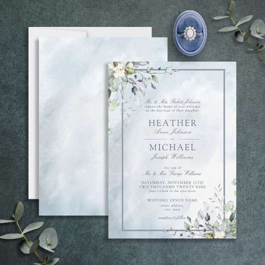 Dusty Blue Botanical Greenery Waterverf Script Kaart