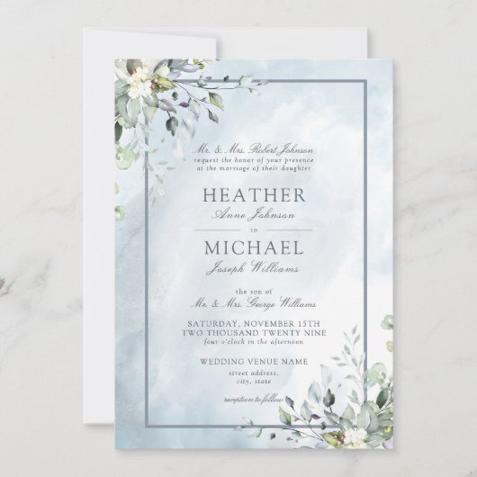 Dusty Blue Botanical Greenery Waterverf Script Kaart (Voorkant)