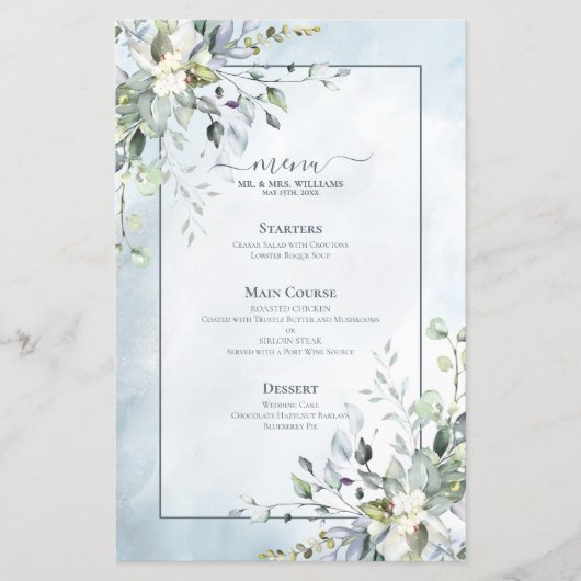Dusty Blue Botanical Greenery Waterverf Wedding (Voorkant)