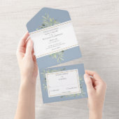 Dusty Blue Botanical Greenery Wedding All In One Uitnodiging (Afscheurbaar)