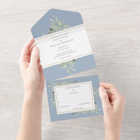 Dusty Blue Botanical Greenery Wedding All In One Uitnodiging (Afscheurbaar)