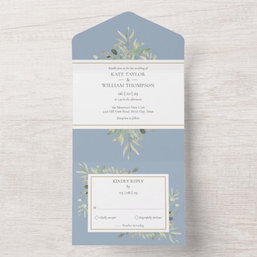Dusty Blue Botanical Greenery Wedding All In One Uitnodiging (Binnen)