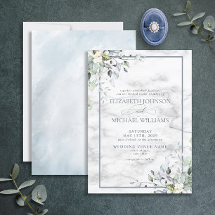 Dusty Blue Botanical Greenery White marble Wedding Kaart
