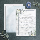 Dusty Blue Botanical Greenery White marble Wedding Kaart