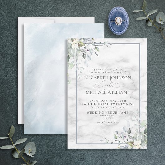 Dusty Blue Botanical Greenery White marble Wedding Kaart