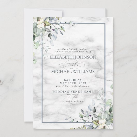 Dusty Blue Botanical Greenery White marble Wedding Kaart (Voorkant)
