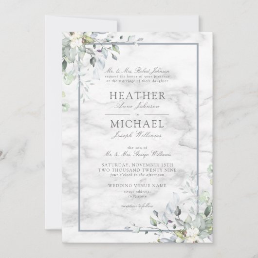 Dusty Blue Botanical Greenery White marble Wedding Kaart (Voorkant)