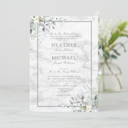 Dusty Blue Botanical Greenery White marble Wedding Kaart (Staand voorkant)