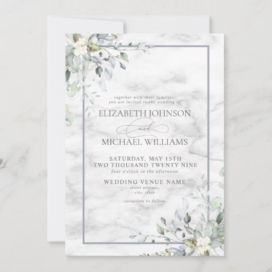 Dusty Blue Botanical Greenery White marble Wedding Kaart (Voorkant)