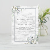 Dusty Blue Botanical Greenery White marble Wedding Kaart (Staand voorkant)