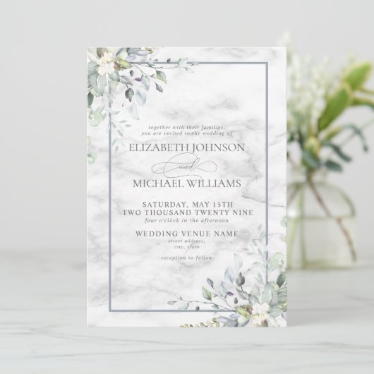 Dusty Blue Botanical Greenery White marble Wedding Kaart (Staand voorkant)