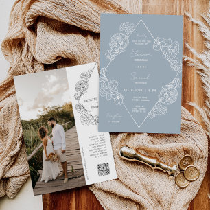 Dusty Blue Botanical Line Art Boho QR Code Foto Kaart