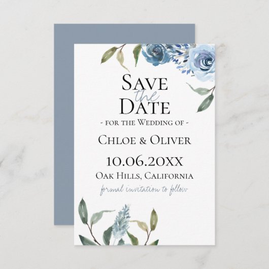Dusty Blue Botanical Save the Date Aankondiging (Voorkant / Achterkant)