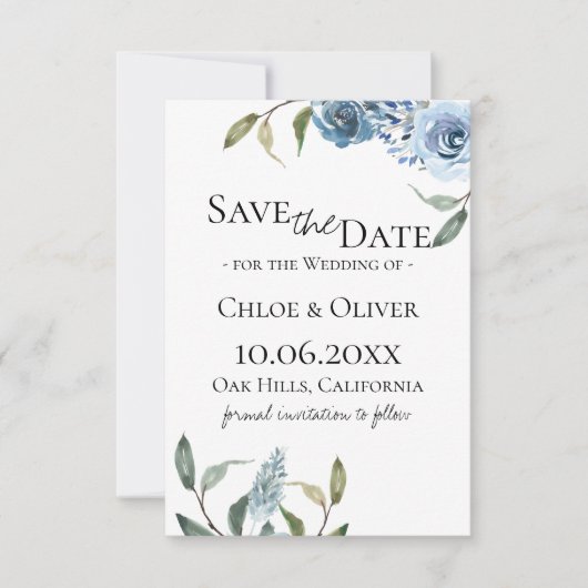 Dusty Blue Botanical Save the Date Aankondiging (Voorkant)