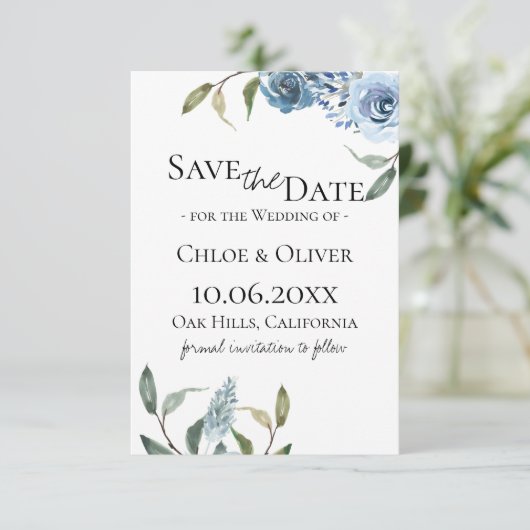Dusty Blue Botanical Save the Date Aankondiging (Staand voorkant)
