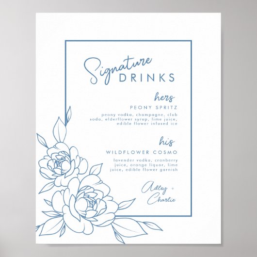Dusty Blue Botanical Signature Drink Wedding Sign Poster (Voorkant)