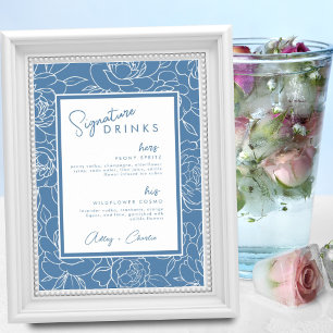 Dusty Blue Botanical Signature Drink Wedding Sign Poster