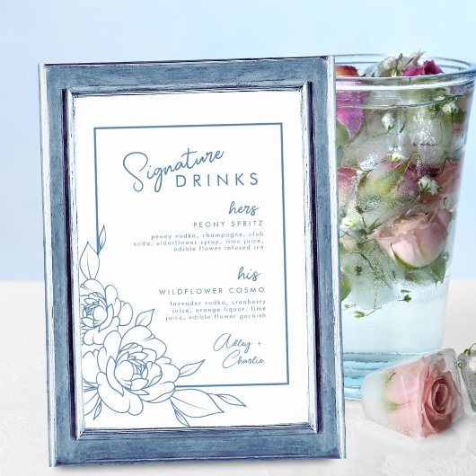 Dusty Blue Botanical Signature Drink Wedding Sign Poster