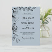 Dusty Blue Botanical Simple Doodle Floral Wedding Kaart (Staand voorkant)