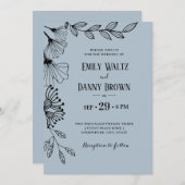 Dusty Blue Botanical Simple Doodle Floral Wedding Kaart (Voorkant / Achterkant)
