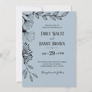 Dusty Blue Botanical Simple Doodle Floral Wedding Kaart