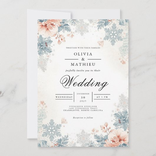 Dusty Blue Botanical Snowflake Wedding Kaart (Voorkant)