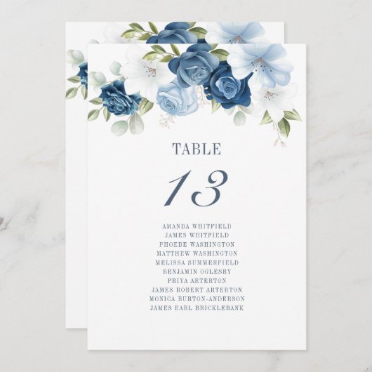 Dusty Blue Botanical Table Number 13 Seating Chart Kaart (Voorkant / Achterkant)