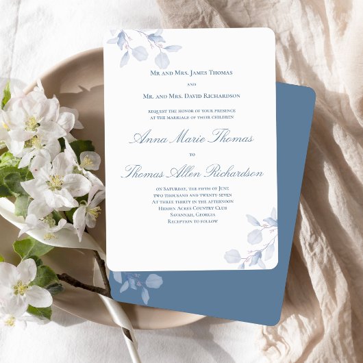 Dusty Blue Botanical Traditional Wedding Invite Kaart