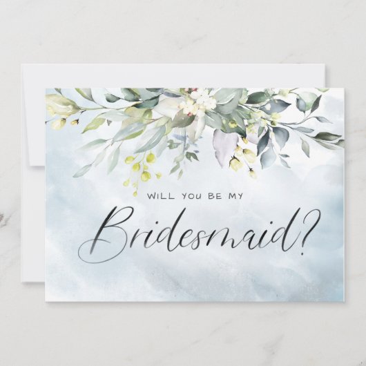 Dusty Blue Botanical Waterverf Script Bridesmaid Kaart (Voorkant)