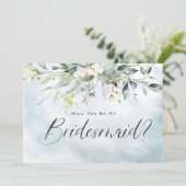 Dusty Blue Botanical Waterverf Script Bridesmaid Kaart (Staand voorkant)