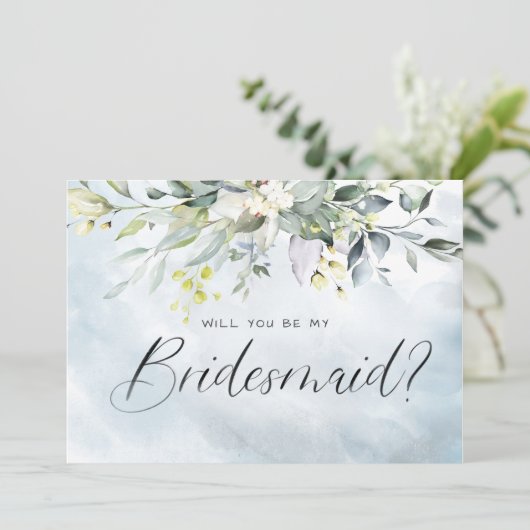 Dusty Blue Botanical Waterverf Script Bridesmaid Kaart (Staand voorkant)