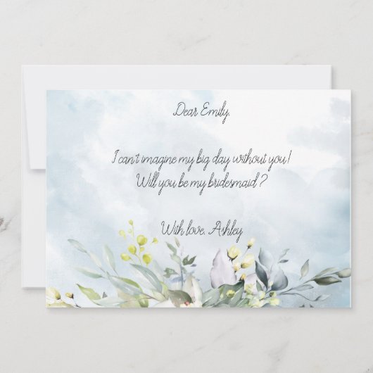 Dusty Blue Botanical Waterverf Script Bridesmaid Kaart (Achterkant)