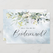 Dusty Blue Botanical Waterverf Script Bridesmaid Kaart (Voorkant / Achterkant)