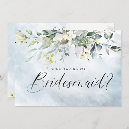 Dusty Blue Botanical Waterverf Script Bridesmaid Kaart (Voorkant / Achterkant)