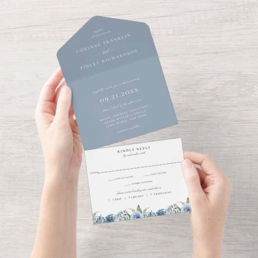 Dusty Blue Botanical Wedding All In One Uitnodiging (Afscheurbaar)