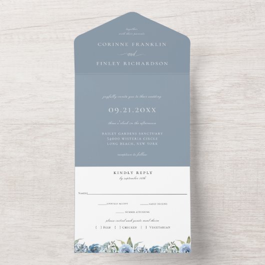 Dusty Blue Botanical Wedding All In One Uitnodiging (Binnen)