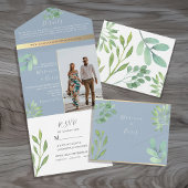 Dusty Blue Botanical Wedding All In One Uitnodiging