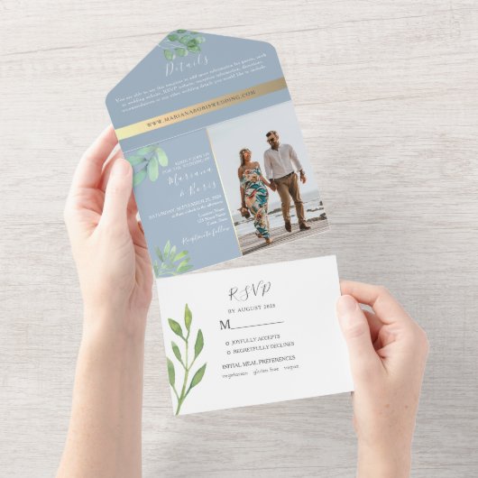 Dusty Blue Botanical Wedding All In One Uitnodiging (Afscheurbaar)