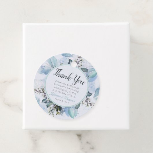 Dusty Blue Botanical Wedding Dank u Bedankjes Labels (In situ)