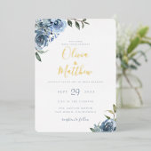Dusty Blue Botanical Wedding Folie Uitnodiging (Staand Voorkant)
