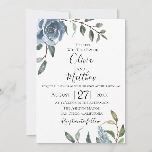 Dusty Blue Botanical Wedding Invitation Kaart (Voorkant)